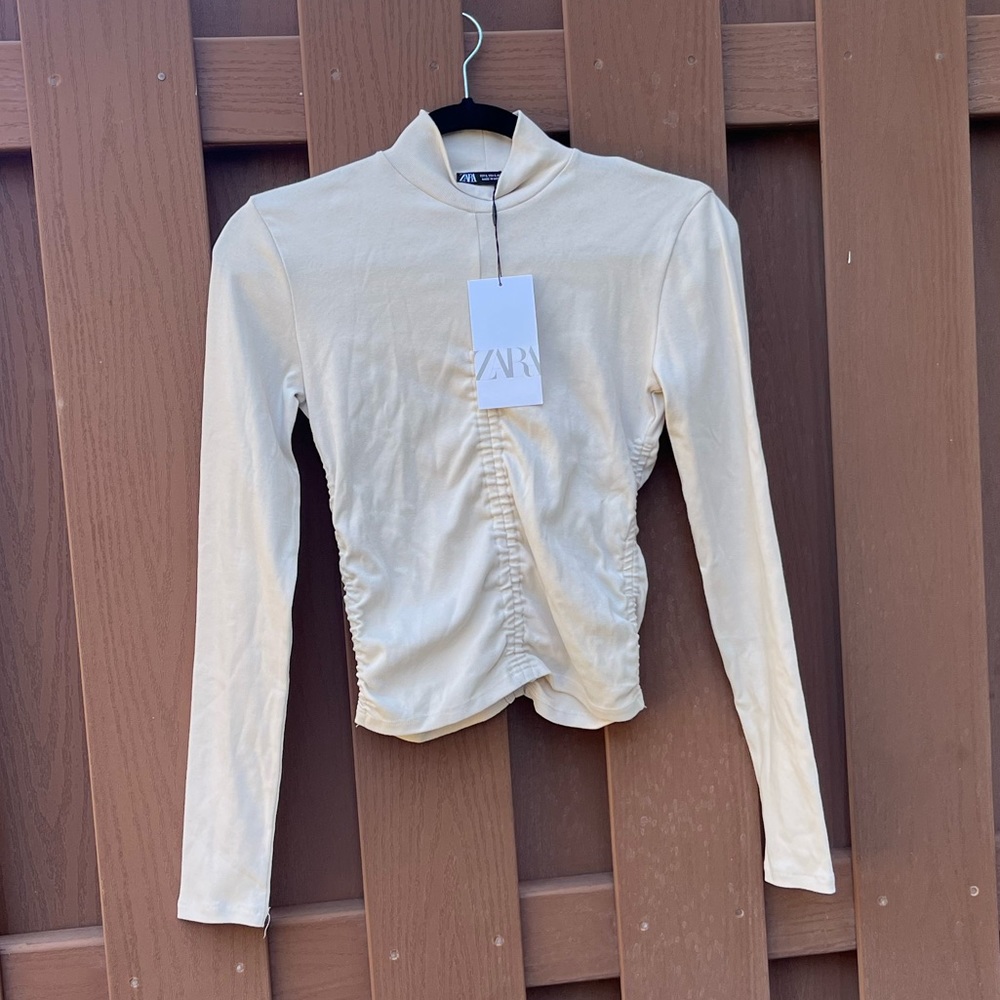 Zara Cream Long Sleeve Ruched Front Top